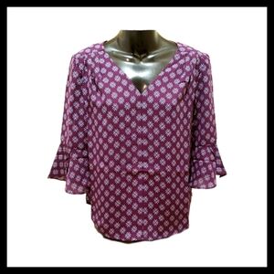 Petite Trumpet Sleeve Purple V-Neck Blouse